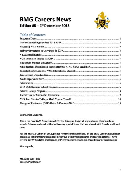 BMG Careers Newsletter #8 - December 2018